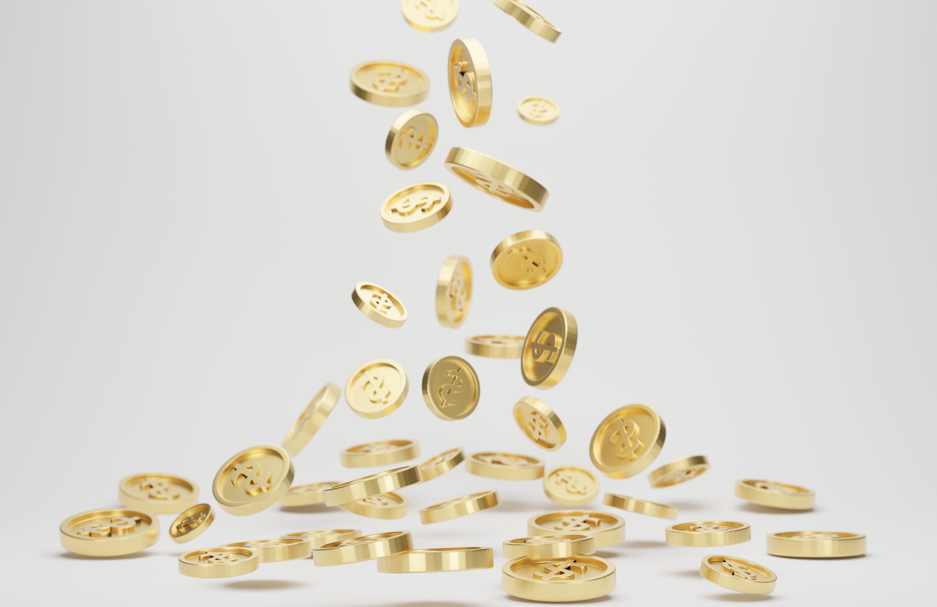 Gold coins with dollar sign falling or flying isolated on white background